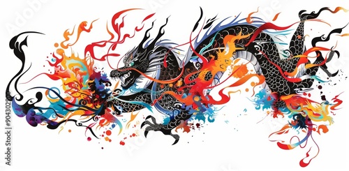 The blue and green Chinese dragons of Asia and Eastern mythology portrayed in a stylized, isolated tattoo style.