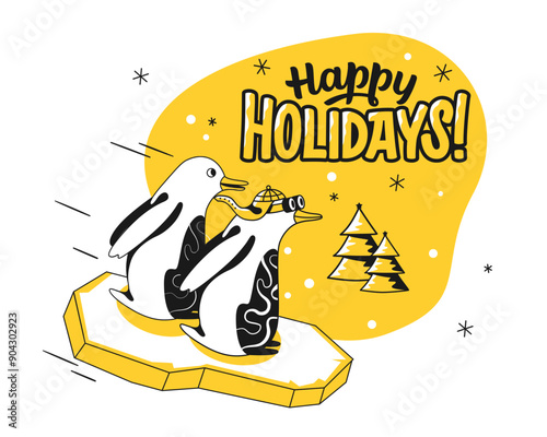 Happy Holidays text and two penguins riding on an ice floe