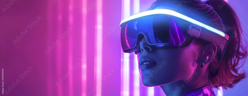Girl in glasses of virtual reality. Augmented reality game, future technology, AI concept. VR. Neon light. Girl in glasses of virtual reality. Augmented reality game, future technology, AI concept. VR. Neon light.