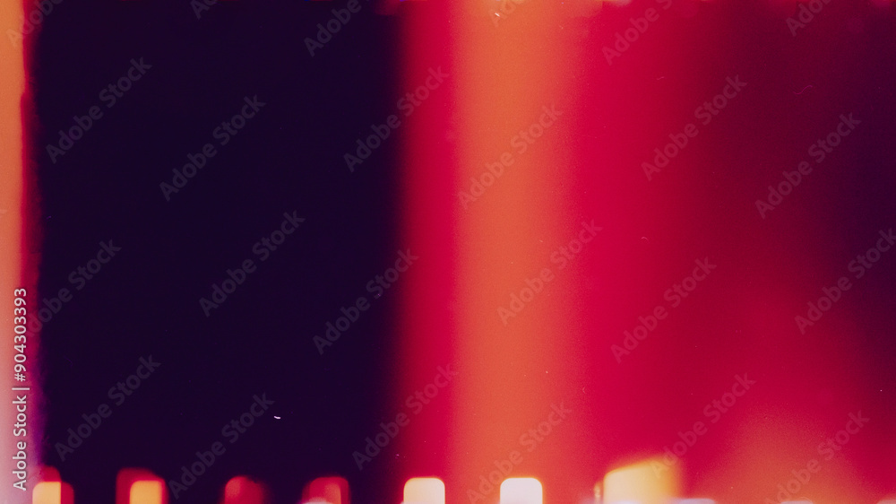 Film effect overlay. Real scan film strip texture with burn light leaks, noise, dust and scratches. Abstract background.