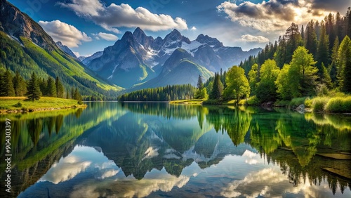 Tranquil valley with majestic mountains reflecting in a peaceful lake, serene, splendor, Whistler, valley, nature