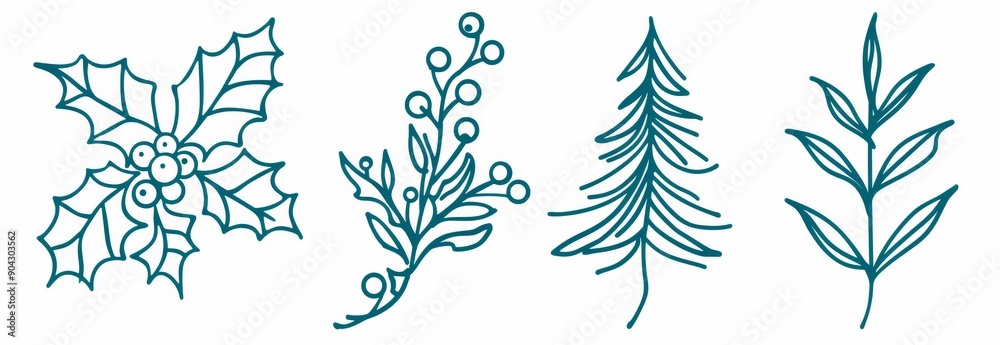 Merry Christmas tree, mistletoe, holly berries. Modern continuous line illustration for greeting cards, prints, posters, stickers, banners, invitations. Vector. Merry Christmas tree, mistletoe, holly berries. Modern continuous line illustration for greeting cards, prints, posters, stickers, banners, invitations. Vector.