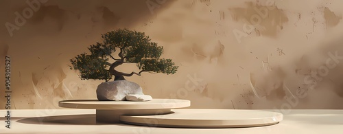 japanese style minimal abstract background.stone podium and bonsai tree with brown background for product presentation. 3d rendering illustration.