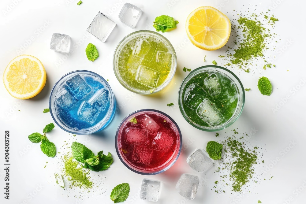 Colorful Summer Drinks with Ice Cubes and Mint Colorful Summer Drinks with Ice Cubes and Mint