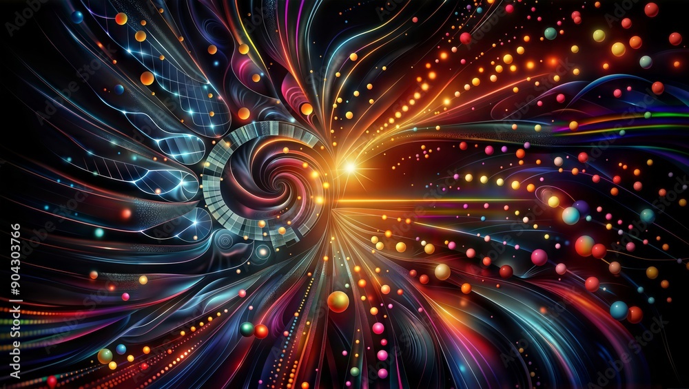 Fototapeta premium Cosmic Explosion. Vibrant abstract image depicting colorful spirals, circles, and lines radiating from a bright central point against a dark background.