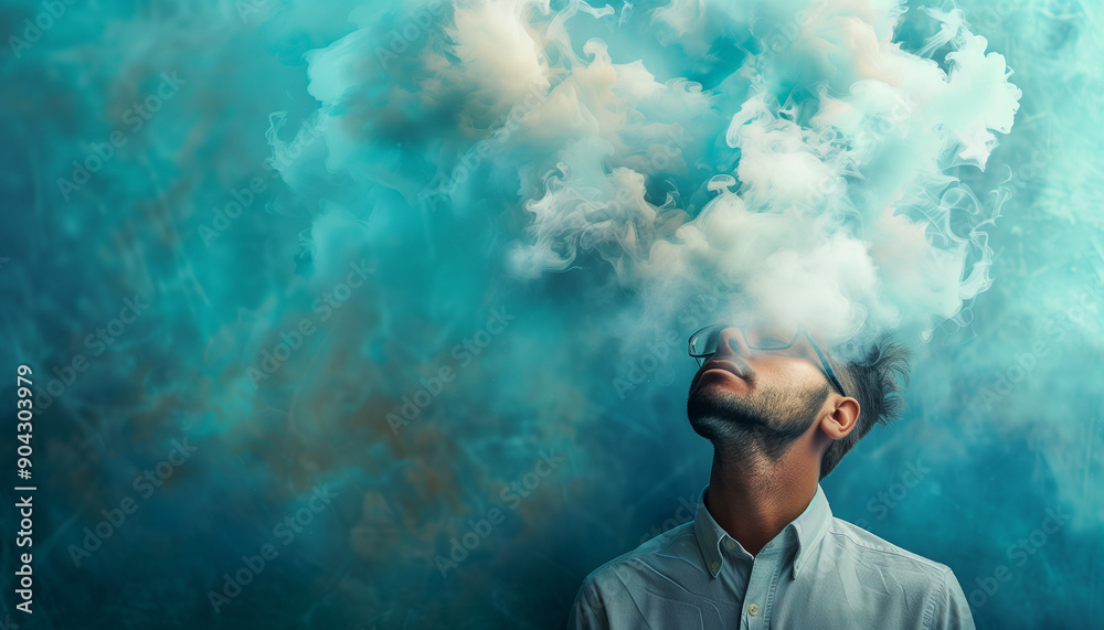 Young man with beard and glasses surrounded by a cloud of smoke, creating an enigmatic and surreal atmosphere against a teal-colored background. Young man with beard and glasses surrounded by a cloud of smoke, creating an enigmatic and surreal atmosphere against a teal-colored background.