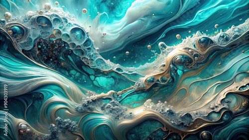 Abstract fluid art in teal and silver hues resembling a cosmic landscape , fluid art, teal, silver, abstract, cosmic