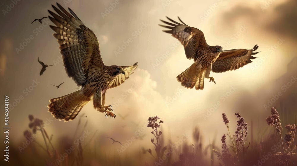 Obraz premium Two Hawks Soaring Through a Golden Sky.