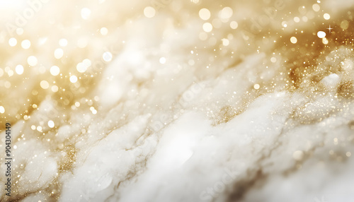 Abstract white marble background with gold bokeh and sparkles.