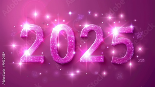 Shiny 2025 on pink cosmic sky with stars, creating a minimalistic happy new year card