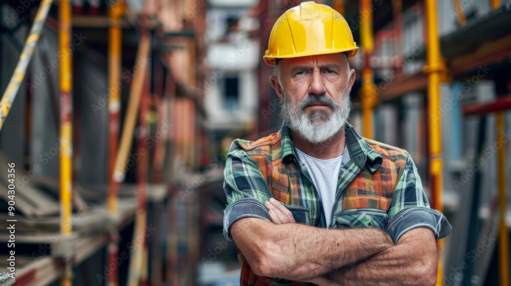 Waist up portrait of mature construction worker looking at camera while standing with arms crossed at construction site Waist up portrait of mature construction worker looking at camera while standing with arms crossed at construction site