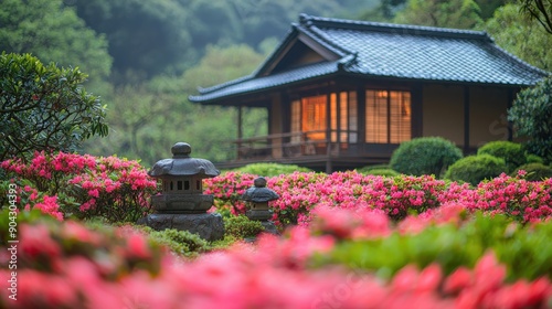 Serene garden view featuring a traditional house and vibrant flowers, perfect for relaxation and nature inspiration.