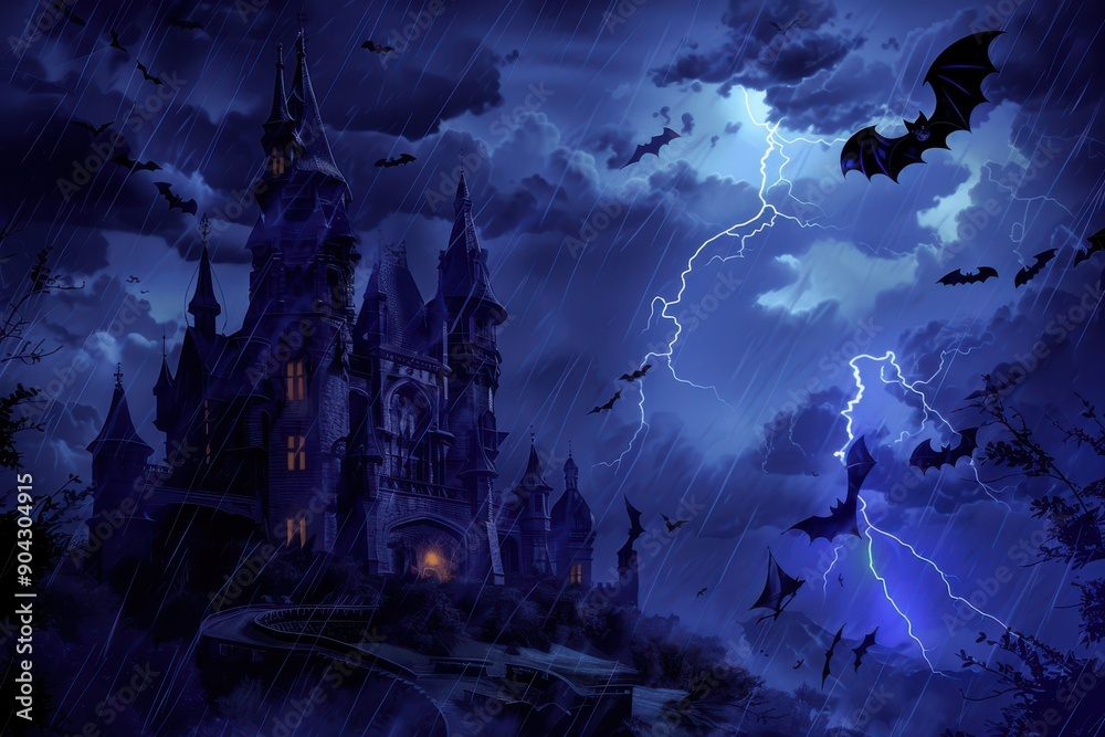 Fototapeta premium A dark, ominous castle with bats flying around, set against a stormy night sky with lightning