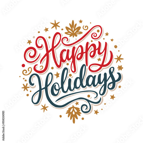 Happy holidays. Vector text with snowflakes on white background