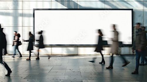 Blank rectangular billboard with black frame in a pedestrian area, people passing swiftly, abstract advertising concept. © กัญญารัตน์ ภูผาผัน