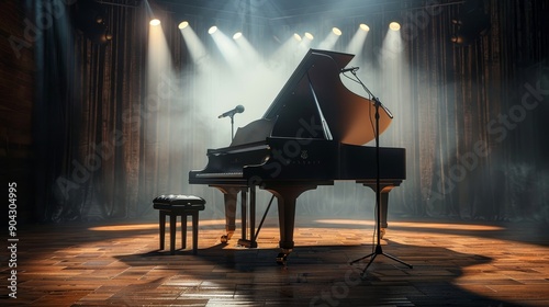 A grand piano on a stage under spotlights, ready for a performance. photo