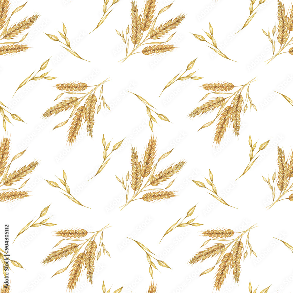 Wheat or barley golden cereal spikes backdrop for Thanksgiving, bakery, Shavuot. Seamless watercolor for fabric designs, nature-themed packaging, eco-conscious branding, and rustic home decor projects Wheat or barley golden cereal spikes backdrop for Thanksgiving, bakery, Shavuot. Seamless watercolor for fabric designs, nature-themed packaging, eco-conscious branding, and rustic home decor projects