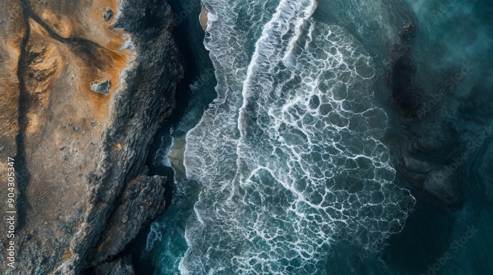 Aerial view rugged coastline crashing waves rocky cliffs dramatic sky Aerial view rugged coastline crashing waves rocky cliffs dramatic sky