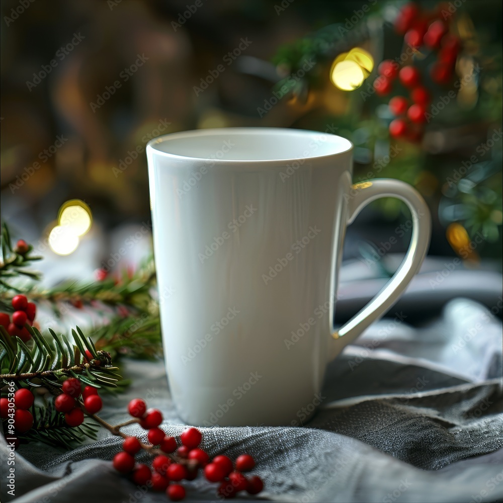 A plain white mug with a large handle sits on a grey fabric background with festive foliage and red berries. A plain white mug with a large handle sits on a grey fabric background with festive foliage and red berries.