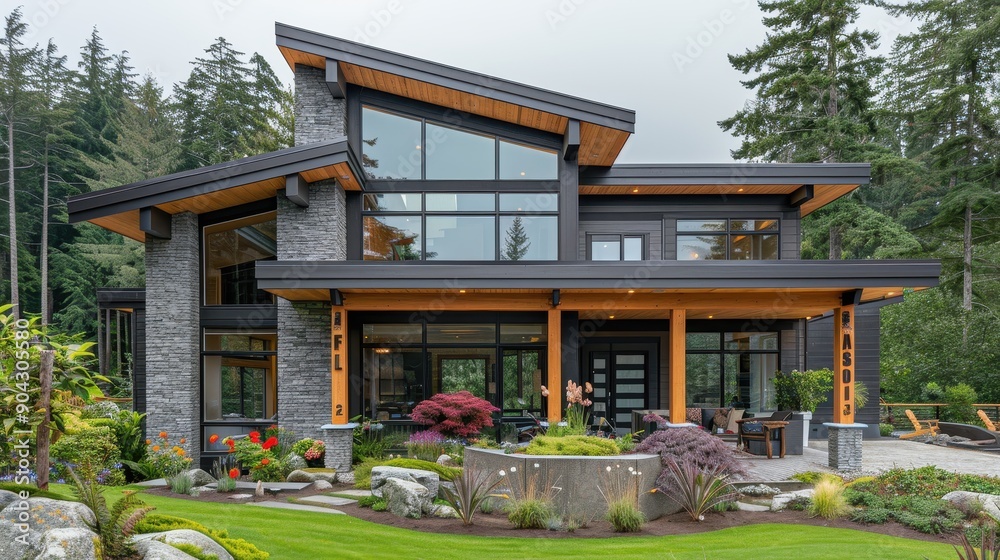 A large house with a black roof and a black exterior. The house has a lot of windows and a porch A large house with a black roof and a black exterior. The house has a lot of windows and a porch