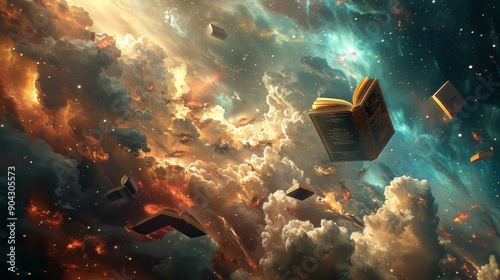 A surreal, cosmic scene with books floating in a swirling nebula of clouds and light. photo