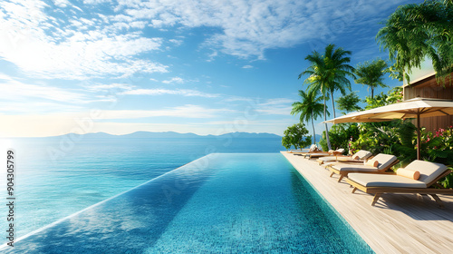 Infinity pool overlooking ocean with lounge chairs and palm trees.