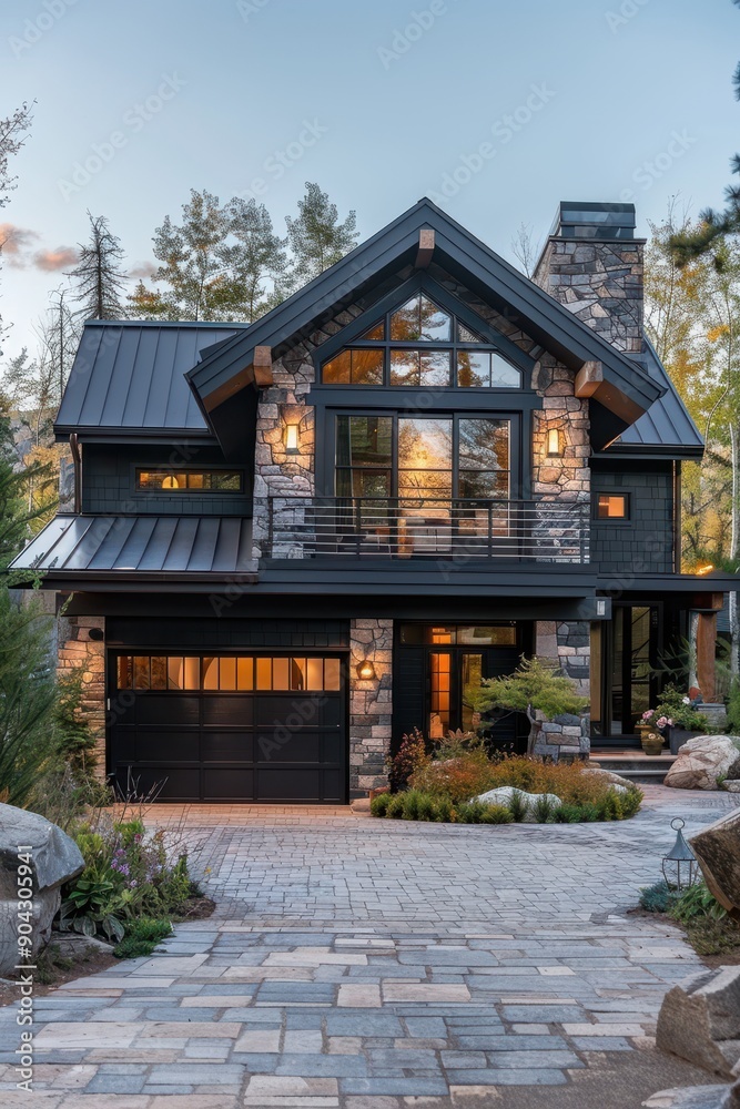 A large house with a black roof and a black exterior. The house has a lot of windows and a porch