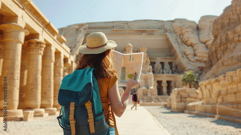 girl tourist and traveler with a map is exploring the sights of the ancient city of Thebes or modern Luxor standing near the temple of Pharaoh's queen Hatshepsut girl tourist and traveler with a map is exploring the sights of the ancient city of Thebes or modern Luxor standing near the temple of Pharaoh's queen Hatshepsut