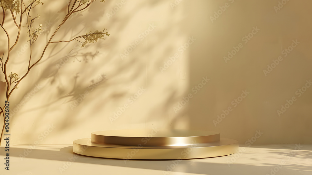 Golden podium with branch shadow on beige background. Golden podium with branch shadow on beige background.