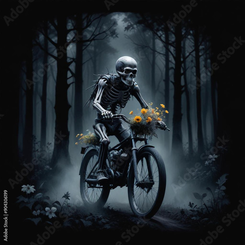 A skeleton wearing a motorcycle helmet and riding a motorcycle through a dark forest with colorful flowers in the foreground