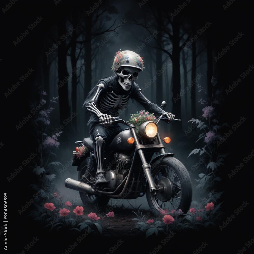Obraz premium A skeleton wearing a motorcycle helmet and riding a motorcycle through a dark forest with colorful flowers in the foreground