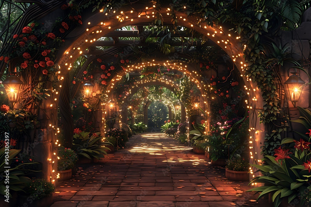 a walkway with lights on the archway a walkway with lights on the archway