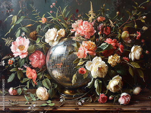 a beautiful painting of a gold sphere with a sparkly surface, surrounded by a variety of flowers and leaves.