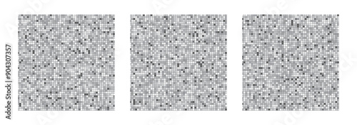 Disco ball silver pattern collection. Set of grey square mosaic backdrops. Night club metallic background with mirror foil texture. Vector illustration of vintage shining grayscale halftone wallpaper