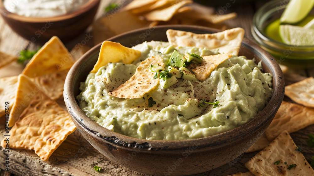Bowl of creamy avocado dip with pita chips Bowl of creamy avocado dip with pita chips