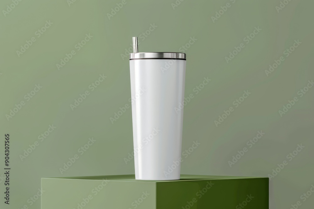 Fototapeta premium White stainless steel tumbler with straw on green background.