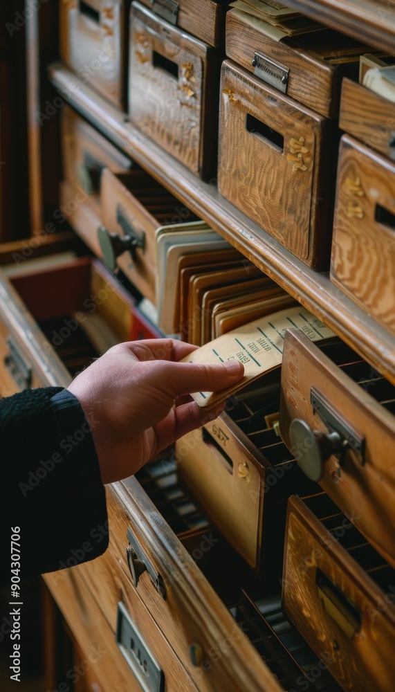 Hand Opening a Library Card Catalog Drawer with Organized Index Cards