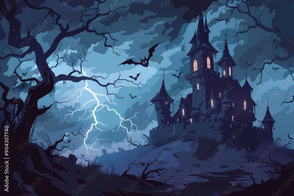 Fototapeta premium A dark, ominous castle with bats flying around, set against a stormy night sky with lightning