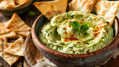 Bowl of creamy avocado dip with pita chips