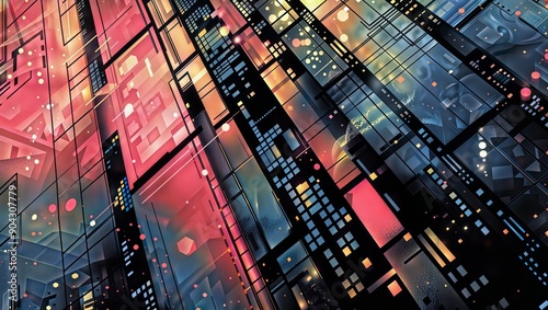 Neon Metropolis. A vibrant, abstract cityscape illuminated by neon lights, showcasing a dynamic urban environment.