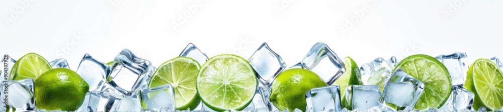 Limes and Ice Cubes on a White Background Limes and Ice Cubes on a White Background