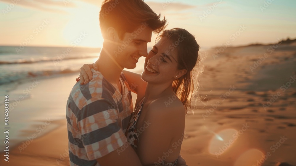 Fototapeta premium Young couple in love, man and woman together on sea sand beach, hugging and smiling at sunset, portrait. Girlfriend boyfriend