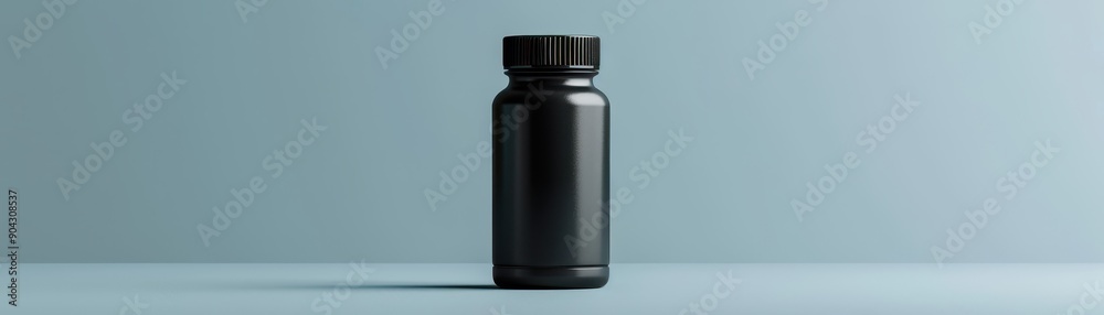 Fototapeta premium A black bottle with a white label sits on a table