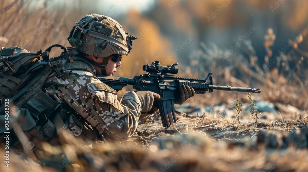 Fototapeta premium Camouflaged Soldier Aiming Rifle in Forest