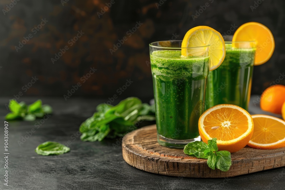 Fototapeta premium Green Smoothie with Orange and Lemon Slices