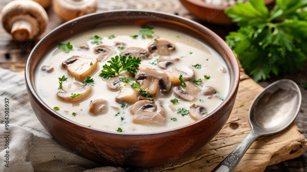 Bowl of creamy mushroom soup with parsley Bowl of creamy mushroom soup with parsley