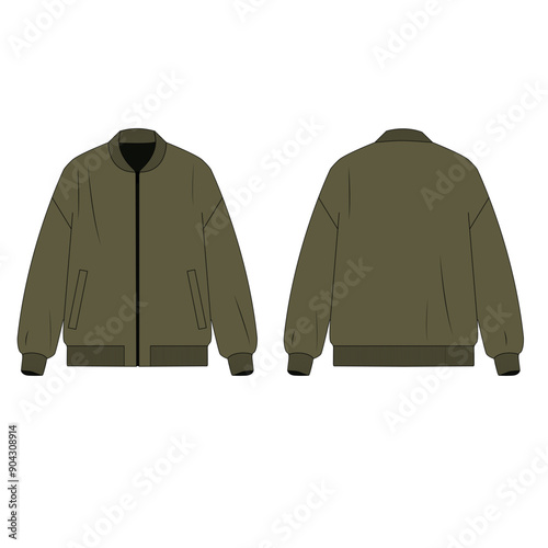 Illustration of men's khaki color khaki jacket with zipper closure. Technical drawing of bomber jacket with pockets, front and back view. Drawing of a jacket with zipper.
