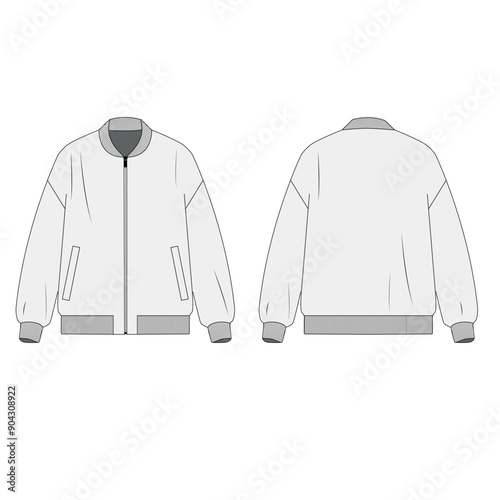 Technical drawing of zipper jacket with pockets, vector. Vector template of bomber jacket, front and back view. Outline sketch of light jacket on white background.
