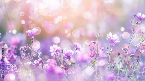 Flower meadow in delicate colors from white to lilac with mist bokeh effect front view 