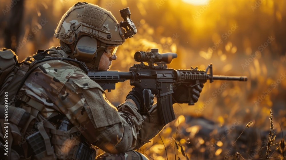 Soldier Aiming Rifle at Sunset Soldier Aiming Rifle at Sunset